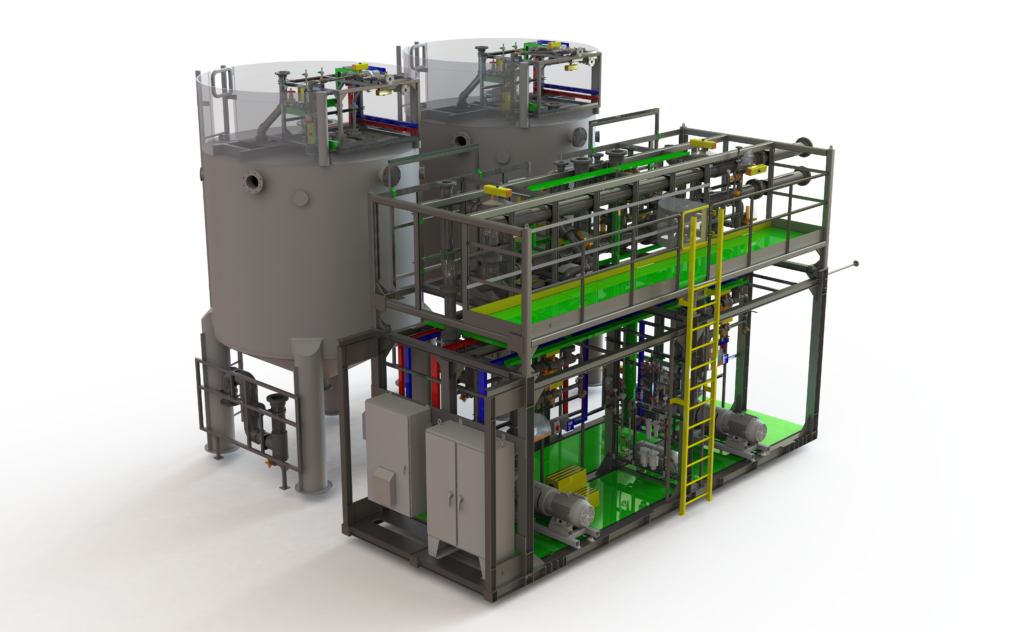 A 3D render of a triple capacity BrineRefine chemical reactor from Saltworks Technologies